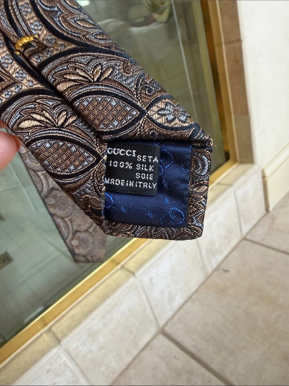Gucci bronze Paisley Silk Tie with black and Gold Accents